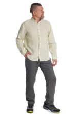 Vyriški lininiai marškiniai ilgomis rankovėmis žalsvi stačia apykakle