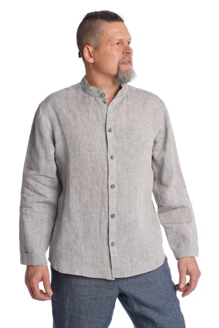 Vyriški lininiai marškiniai ilgomis rankovėmis pilki stačia apykakle - Priekis