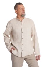 Vyriški lininiai marškiniai ilgomis rankovėmis stačia apykakle melanžo spalvos