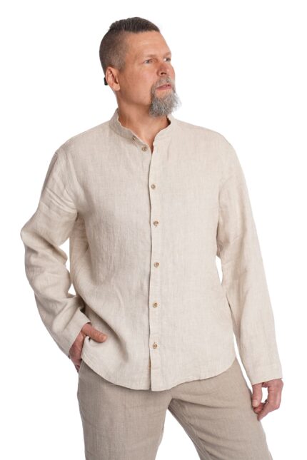 Vyriški lininiai marškiniai ilgomis rankovėmis stačia apykakle melanžo spalvos