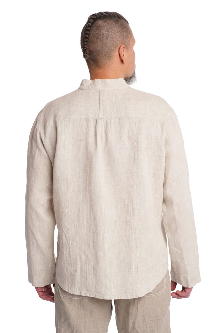 Vyriški lininiai marškiniai ilgomis rankovėmis stačia apykakle melanžo spalvos - nugara