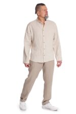 Vyriški lininiai marškiniai ilgomis rankovėmis stačia apykakle užsagstomi melanžo spalvos DAIVU