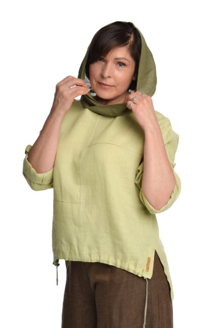 Moteriškas lininis bliuzonas su gobtuvu Chaki splavos