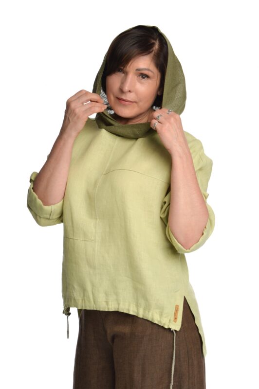 Moteriškas lininis bliuzonas su gobtuvu Chaki splavos