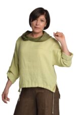 Moteriškas lininis bliuzonas su gobtuvu ir virvele sutraukiama apačia, Chaki splavos