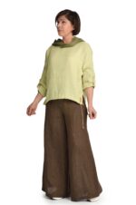 Stilingas moteriškas lininis bliuzonas su gobtuvu ir virvele sutraukiama apačia, Chaki splavos