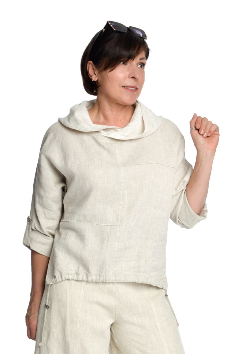 stilingas moteriškas lininis bliuzonas su gobtuvu ir reguliuojamo ilgio rankovėmis