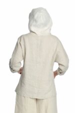 stilingas moteriškas lininis bliuzonas su gobtuvu ir reguliuojamo ilgio rankovėmis