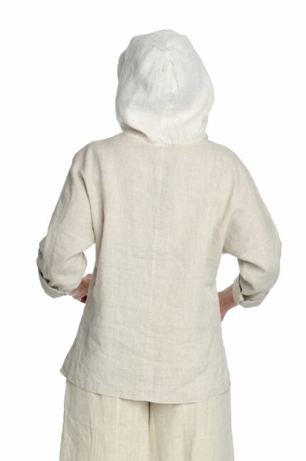 stilingas moteriškas lininis bliuzonas su gobtuvu ir reguliuojamo ilgio rankovėmis