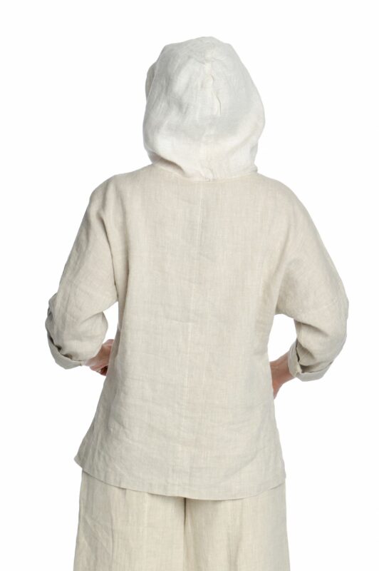 stilingas moteriškas lininis bliuzonas su gobtuvu ir reguliuojamo ilgio rankovėmis