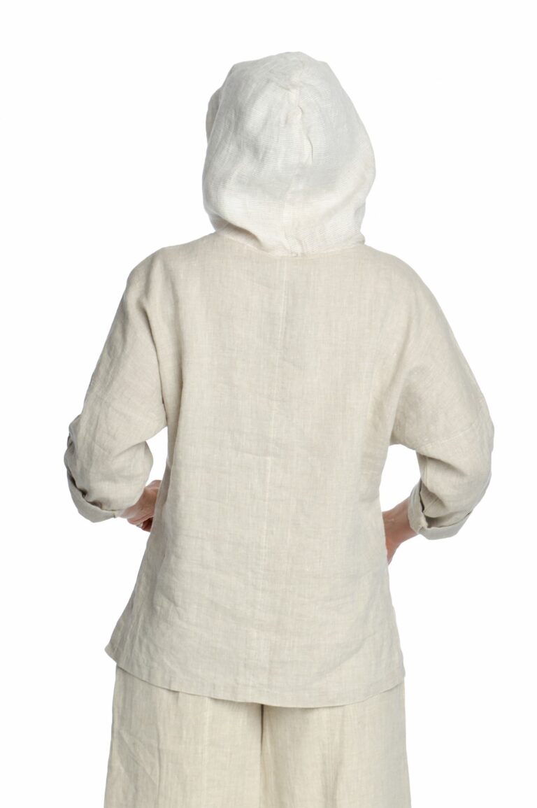 stilingas moteriškas lininis bliuzonas su gobtuvu ir reguliuojamo ilgio rankovėmis