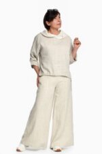 Laisvo stiliaus lininis bliuzonas moterims su gobtuvu ir reguliuojamo ilgio rankovėmis