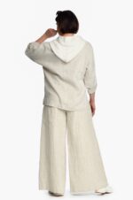 Laisvo stiliaus lininis bliuzonas moterims su gobtuvu ir reguliuojamo ilgio rankovėmis, šviesaus melanžo