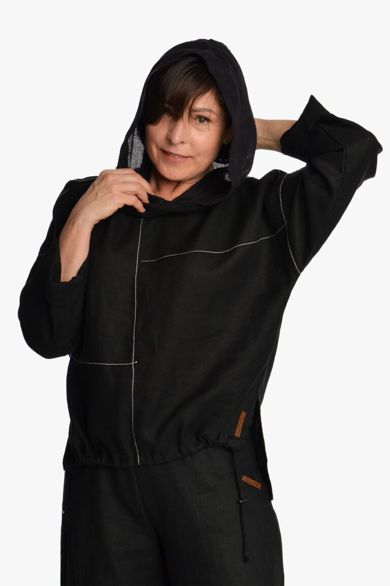 lininis bliuzonas moterims su gobtuvu, juodas, laisvo stiliaus