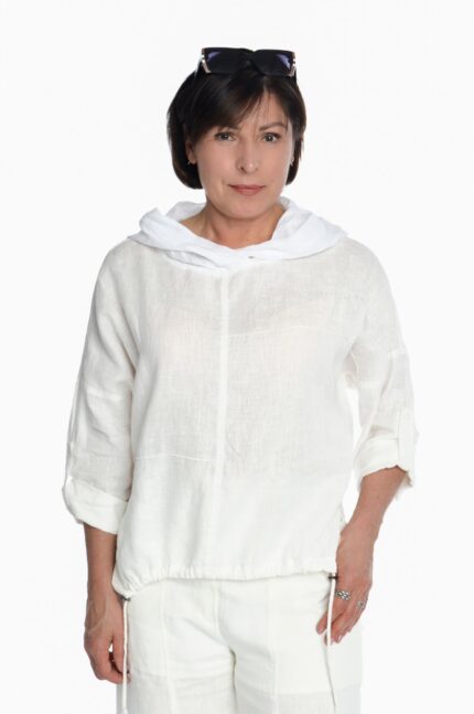 baltas, lininis bliuzonas moteriškas, su gobtuvu, laisvo stiliaus, dekoruotas peltakiu