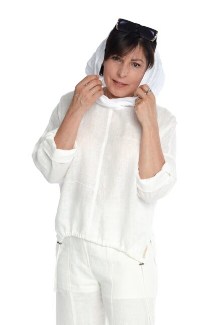 baltas, lininis bliuzonas moteriškas, su gobtuvu, reguliuojamo ilgio rankovėmis