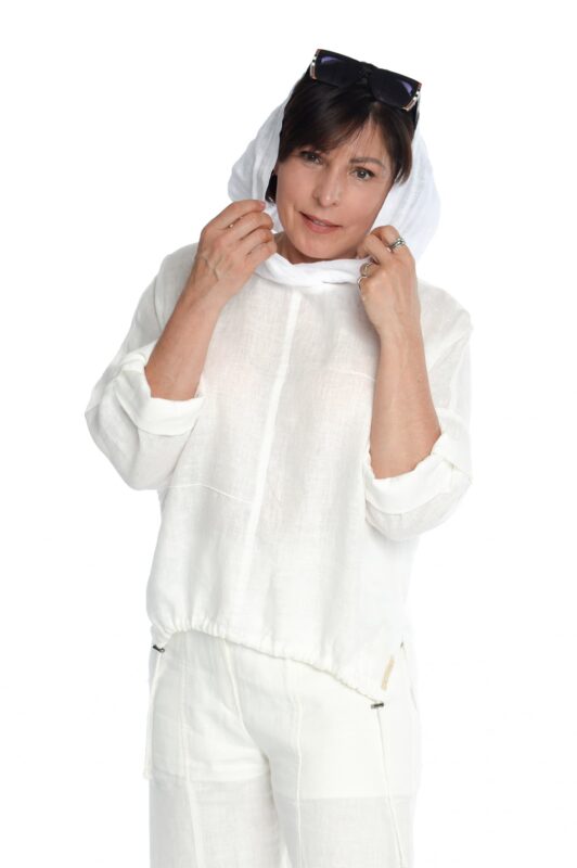 baltas, lininis bliuzonas moteriškas, su gobtuvu, reguliuojamo ilgio rankovėmis