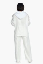 moteriškas laisvo stiliaus baltas, lininis bliuzonas su gobtuvu