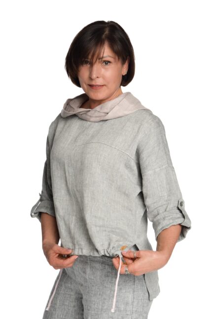 pilkas, lininis bliuzonas su gobtuvu moterims