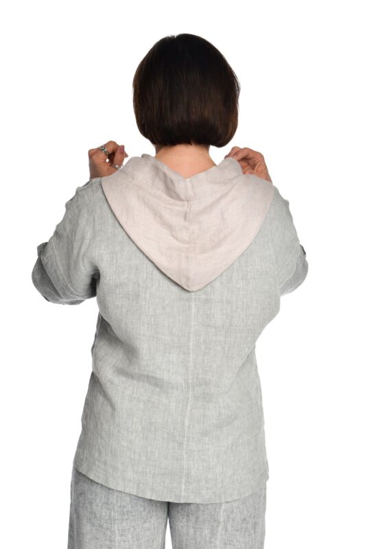 Moteriškas, pilkas, lininis bliuzonas laisvalaikiui su gobtuvu - nugara