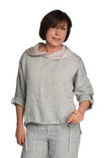 Moteriškas, pilkas, lininis bliuzonas laisvalaikiui su gobtuvu ir reguliuojamo ilgio rankovėmis