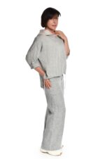 stilingas moteriškas, lininis bliuzonas laisvalaikiui su gobtuvu ir reguliuojamo ilgio rankovėmis, pilkas