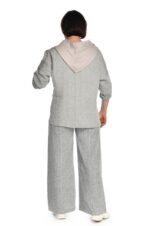 stilingas moteriškas, lininis bliuzonas laisvalaikiui su gobtuvu ir reguliuojamo ilgio rankovėmis, pilkas - nugara