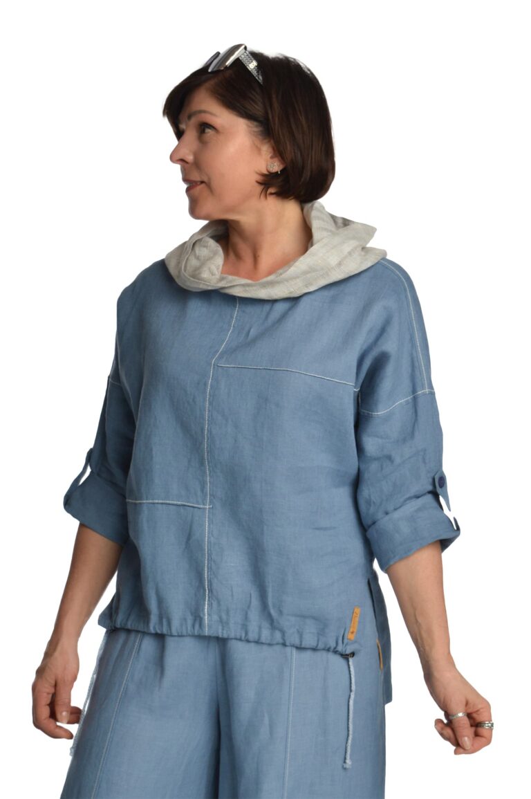 mėlynas stilingas moteriškas, lininis bliuzonas - reguliuojamo pločio apačia ir rankovėmis