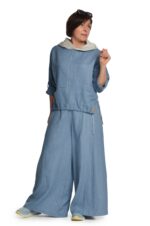 mėlynas stilingas moteriškas lininis bliuzonas su gobtuvu laisvalaikiui