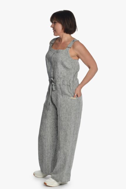 Pilkas moteriškas kombinezonas iš lino, su 4 kišenėmis