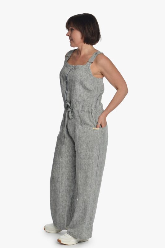 Pilkas moteriškas kombinezonas iš lino, su 4 kišenėmis