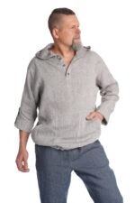 Lininis laisvo stiliaus bliuzonas su gobtuvu pilkas