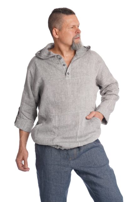 Lininis laisvo stiliaus bliuzonas su gobtuvu pilkas