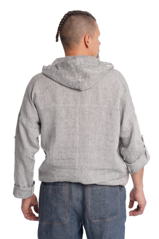 Vyriškas Lininis laisvo stiliaus bliuzonas su gobtuvu pilkas