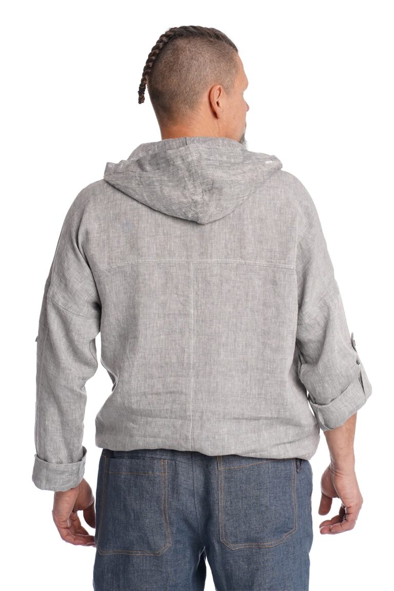 Vyriškas Lininis laisvo stiliaus bliuzonas su gobtuvu pilkas