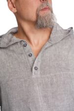 Pilkas Vyriškas Lininis bliuzonas su gobtuvu, susagstomu kaklu