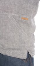 Pilkas Vyriškas Lininis bliuzonas su gobtuvu, dekoruotas storu peltakiu