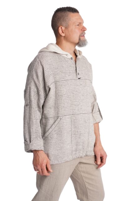 Vyriškas Lininis laisvo stiliaus bliuzonas su gobtuvu balta-juoda melanžas