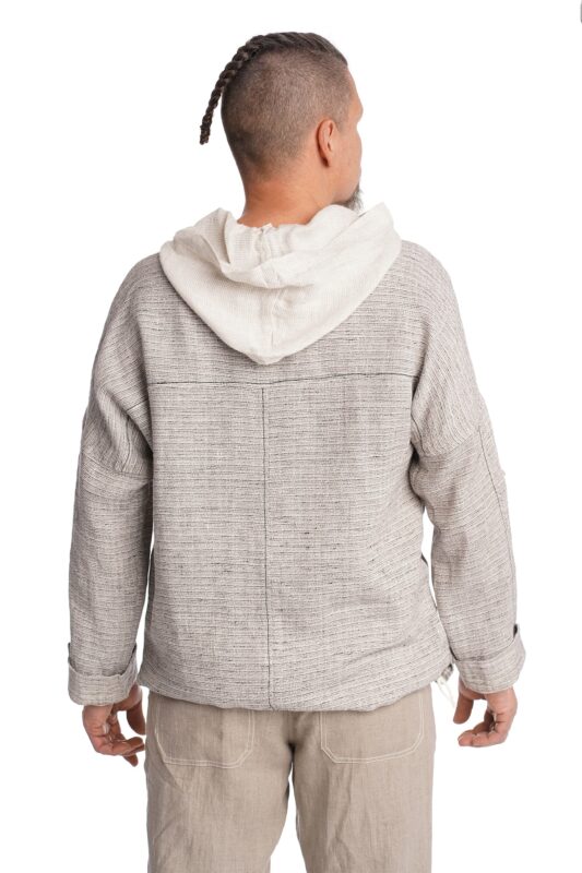 Vyriškas Lininis laisvo stiliaus bliuzonas su gobtuvu balta-juoda melanžas - nugara