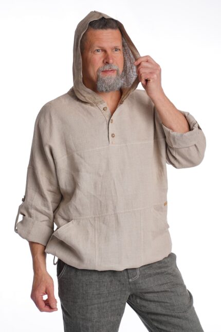 Natūralaus lino spalvos Vyriškas Lininis bliuzonas su gobtuvu ir sagomis ties kaklu