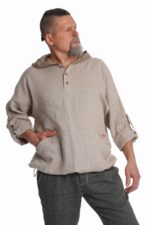 Natūralaus lino spalvos Vyriškas Lininis bliuzonas su gobtuvu ir kišenėmis