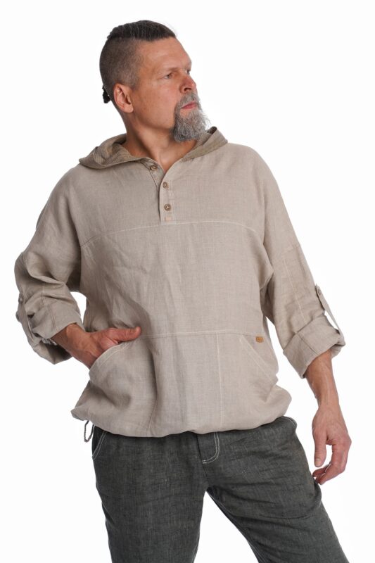 Natūralaus lino spalvos Vyriškas Lininis bliuzonas su gobtuvu ir kišenėmis