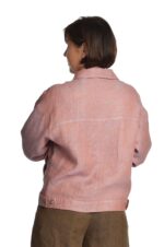 Rožinis moteriškas lininis švarkas užsagstomu priekiu - nugara