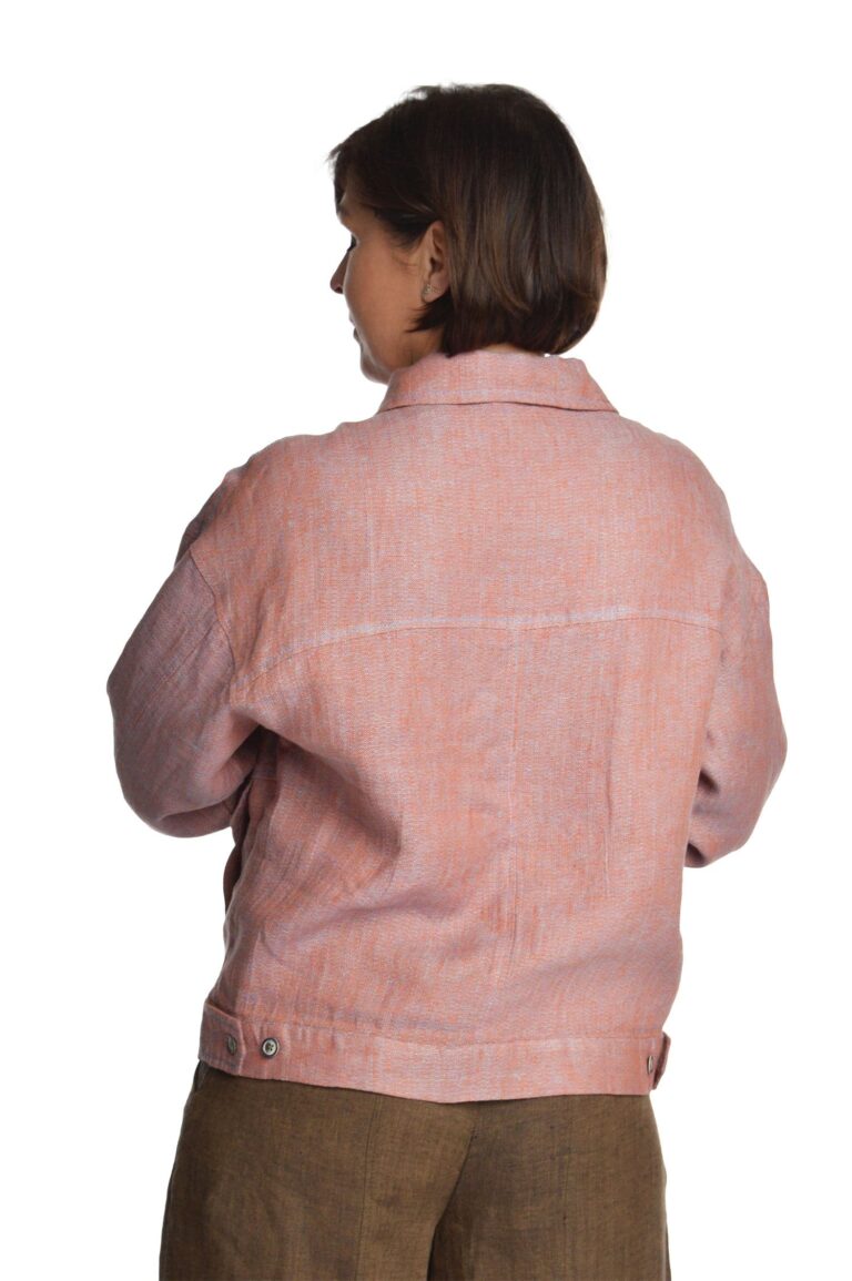Rožinis moteriškas lininis švarkas užsagstomu priekiu - nugara