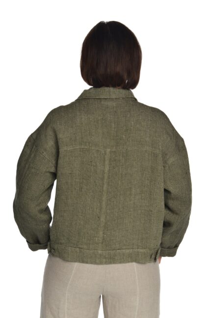 Moteriškas lininis švarkas užsagstomu priekiu su reguliuojamo pločio apačia, žalias