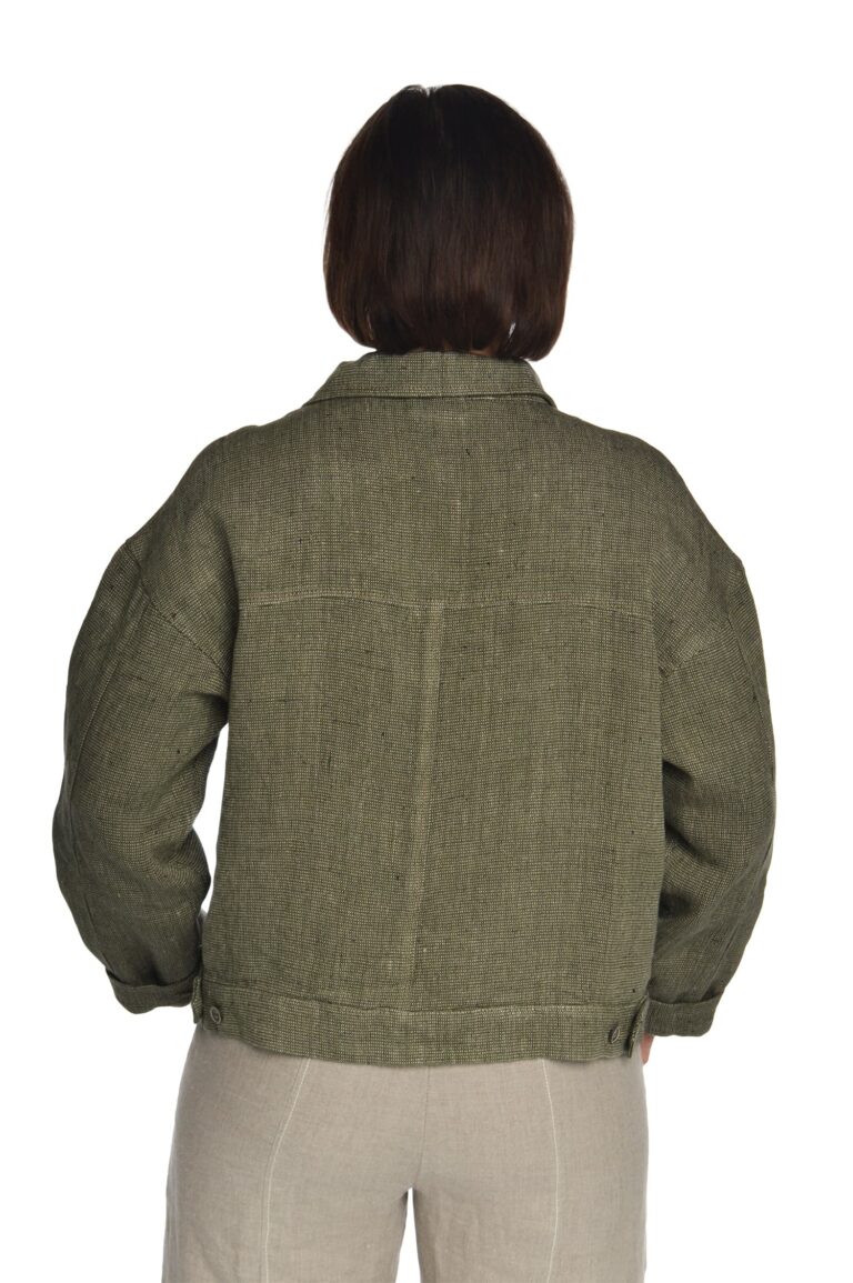 Moteriškas lininis švarkas užsagstomu priekiu su reguliuojamo pločio apačia, žalias