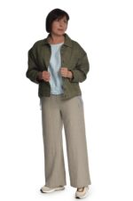 Moteriškas lininis švarkas užsagstomu priekiu, dekoruotas storo siūlo peltakiu ir antkišeniais, žalias