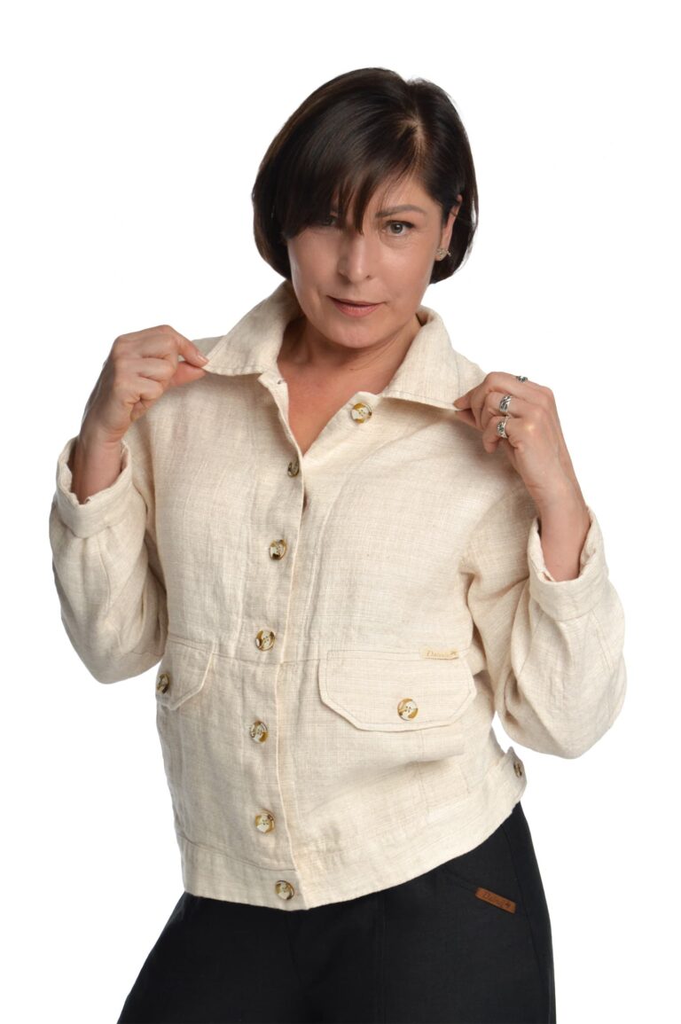 moteriškas lininis švarkas užsagstomu priekiu su apykakle, gelsvas