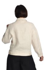 moteriškas lininis švarkas užsagstomu priekiu su apykakle, gelsvas - nugara