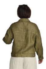 lininis moteriškas švarkas laisvalaikiui, chaki spalvos - nugara